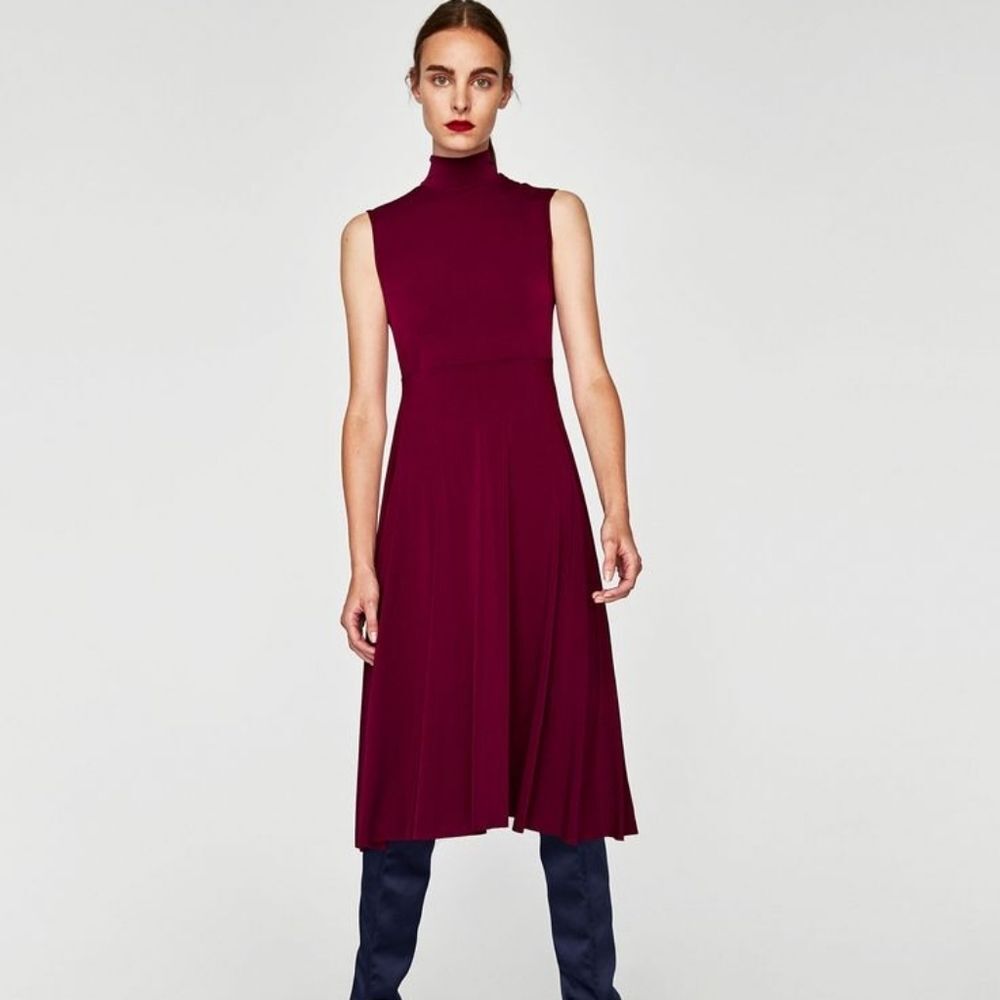 NWT Zara Burgundy XS S Plum Bow Neck Tie Bow Jersey Fit Flare Flowy A-Line Midi